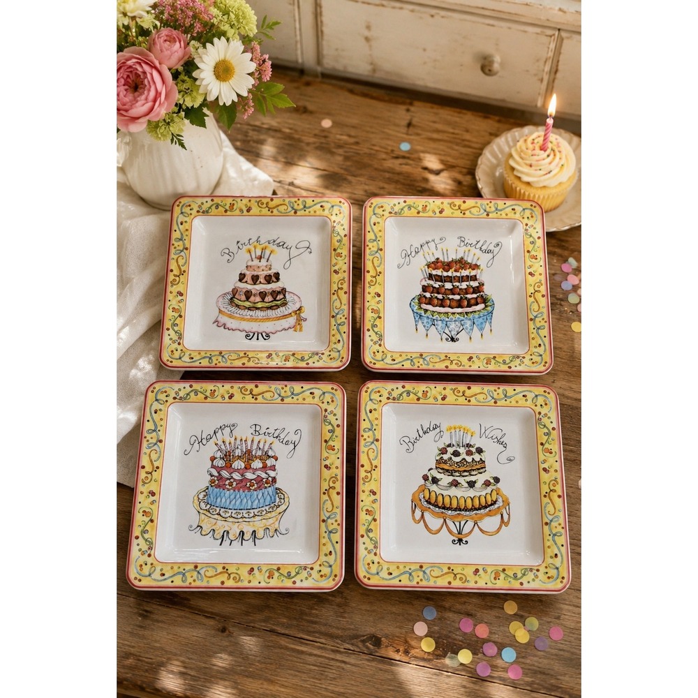 Birthday Cake Dessert Plates Set of 4 Italian Ceramic Party Plates 7.5"